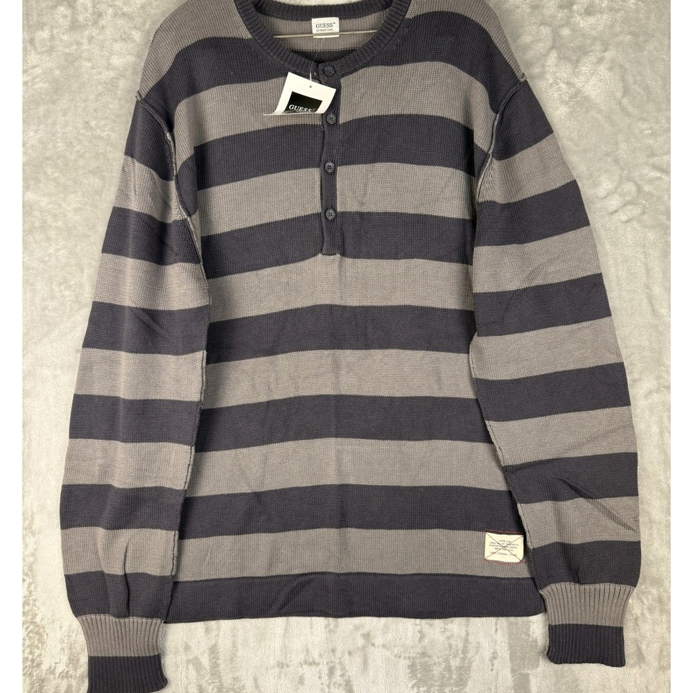 Y2K GUESS‎ Jeans Issue Mens XXL Grey Dark Stripe Henley Knit Sweater